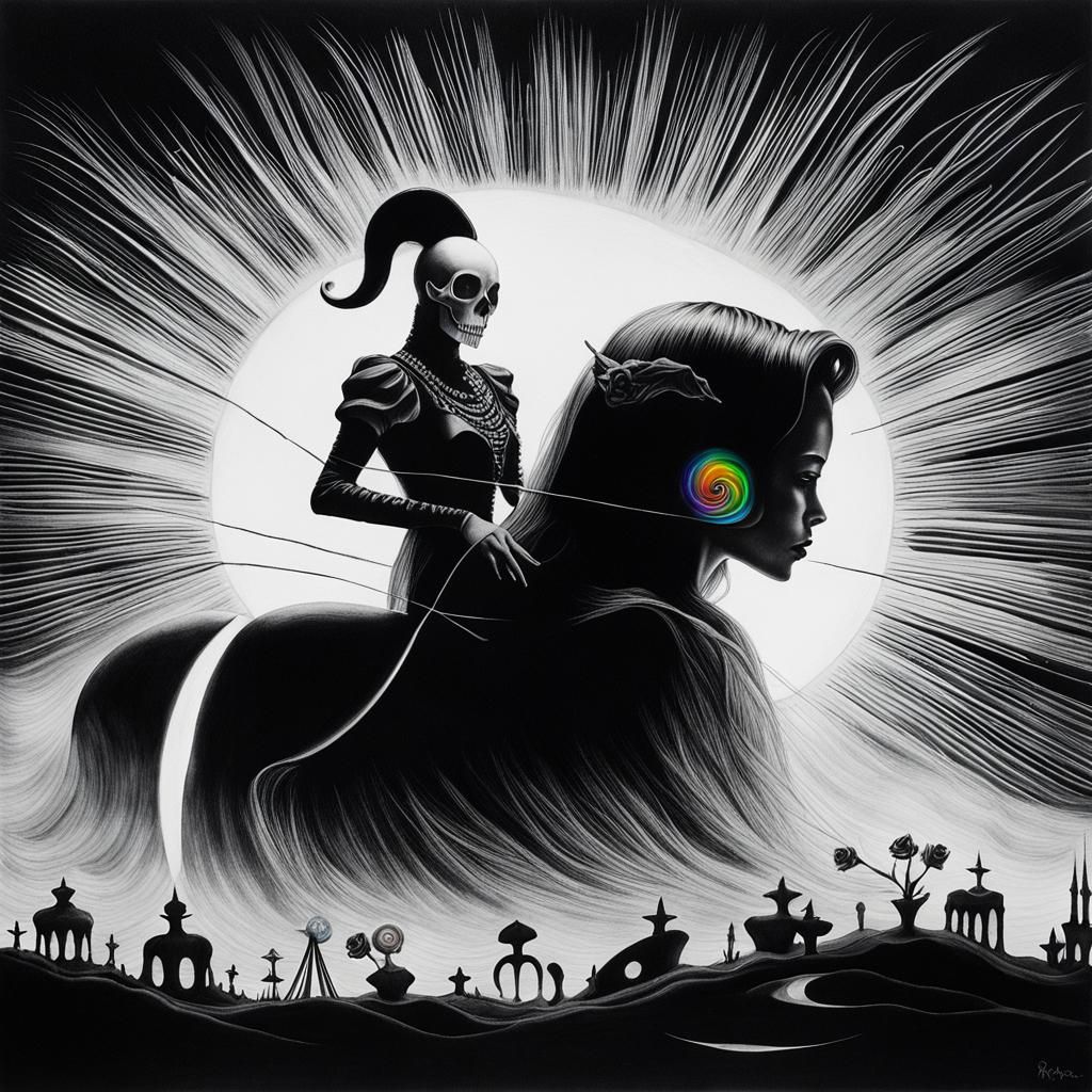 Surreal Crayon Drawing of Goth Woman with Fairy