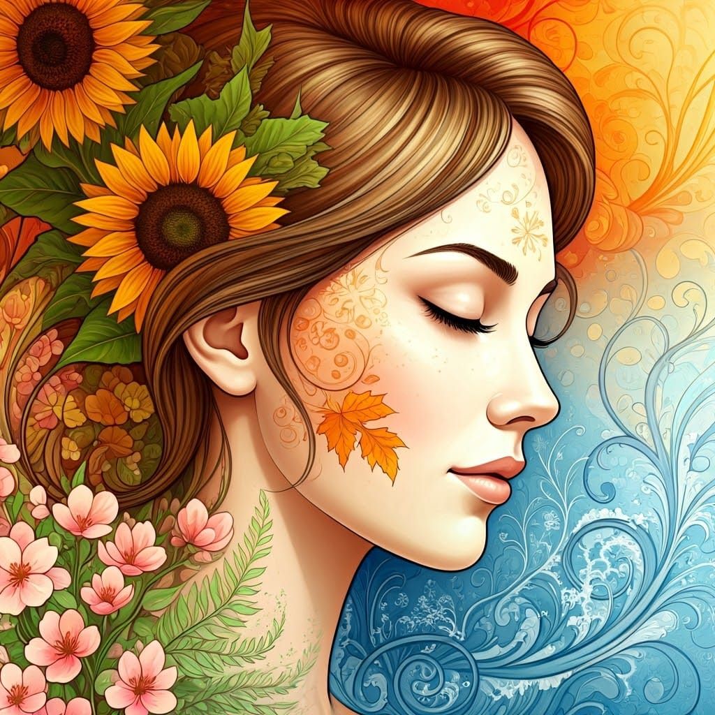 Woman's Face Embodies Four Seasons in Harmony