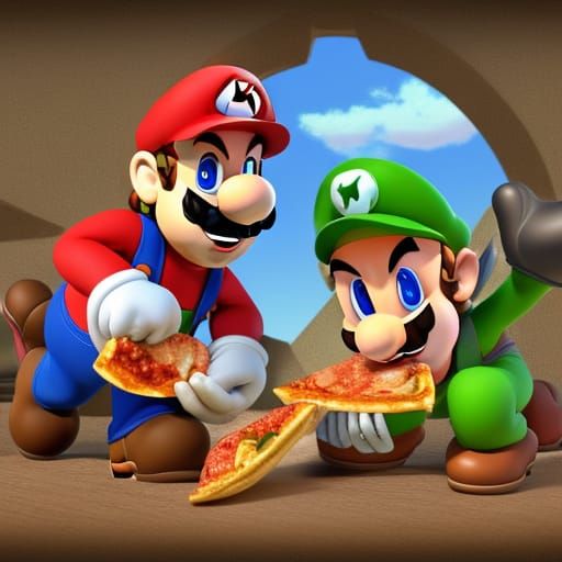 Mario and Luigi Eating Pizza in Atlantis: 3D Art