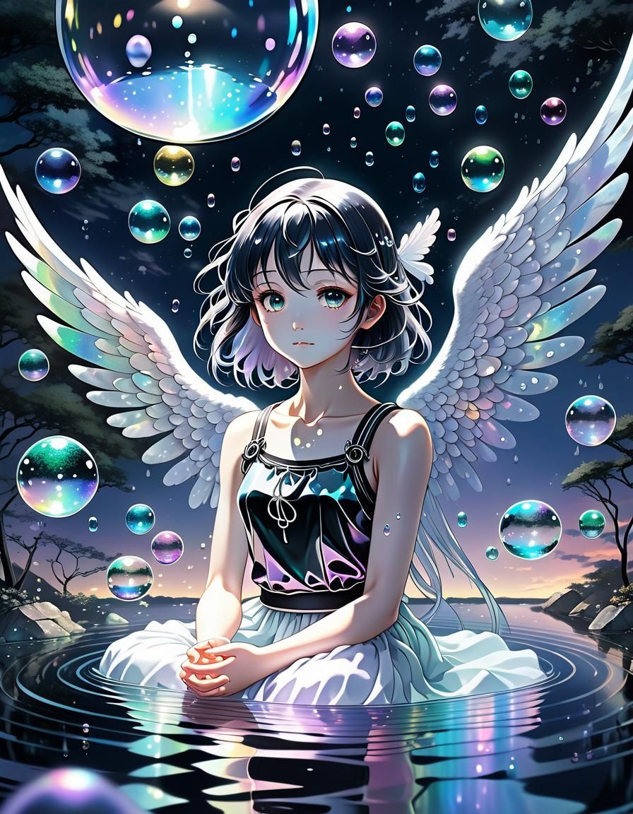 Ethereal Angel Amidst Iridescent Water Orbs in a Serene Nigh...