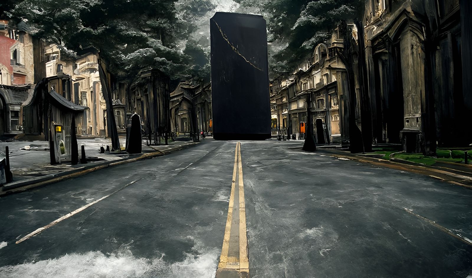 Ominous Monolith on Empty Street: Gothic Baroque Art
