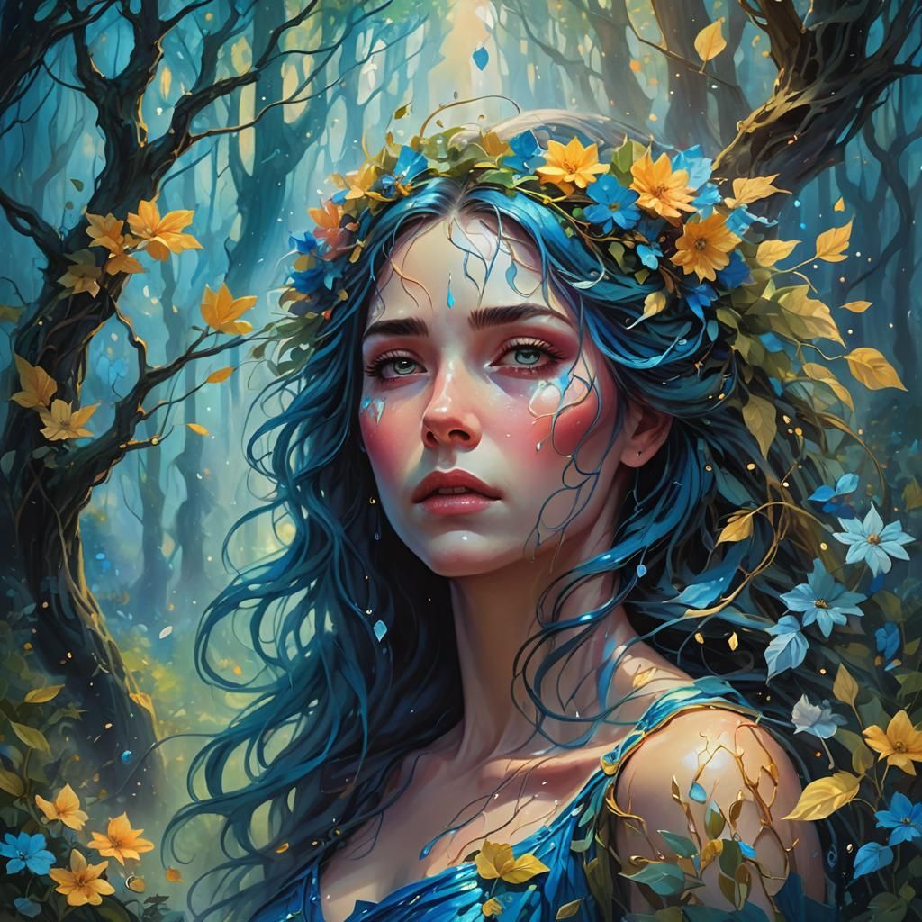 Mystical Forest Woman with Tears, Fantasy Art