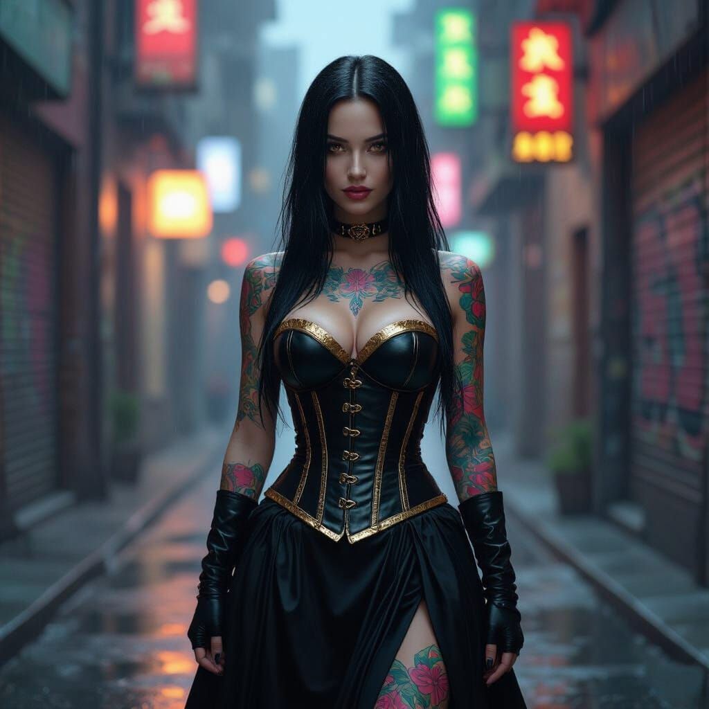 Woman with Tattoos in Cyberpunk City Alleyway
