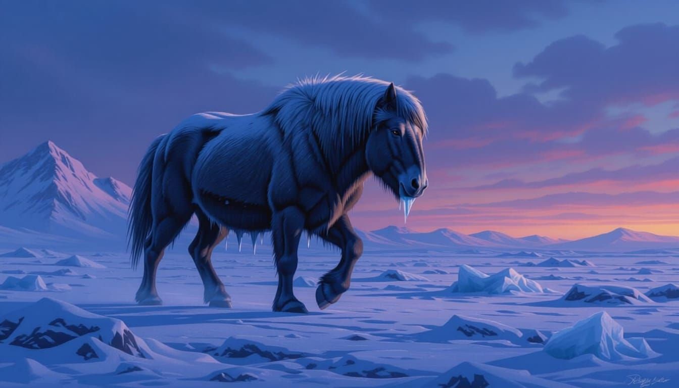 Majestic Ice Horse on Tundra in Oil Painting Style