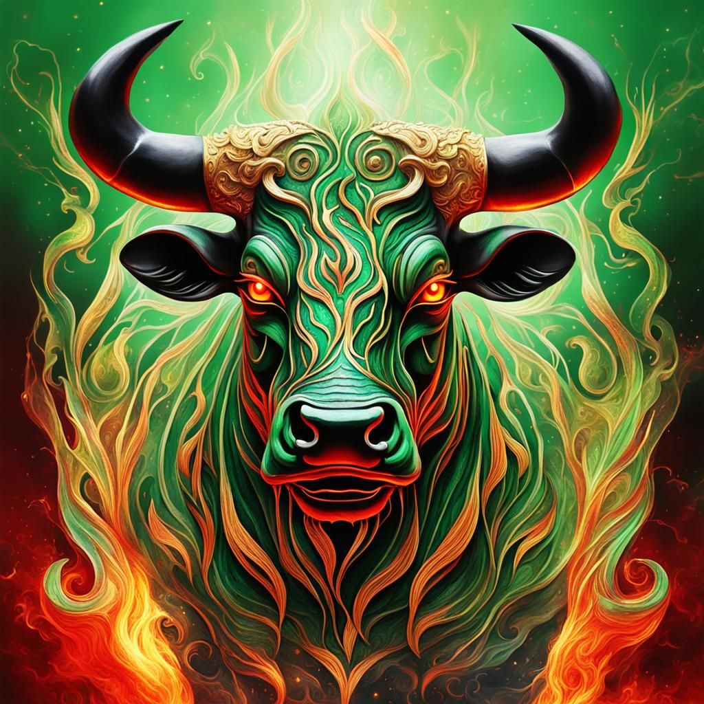 Fiery Bull Emerges: A Trippy Elemental Masterpiece