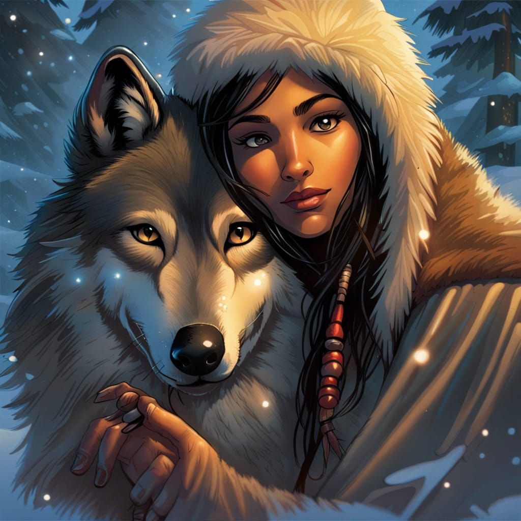 Native American Girl and Wolf in Comic Book Style