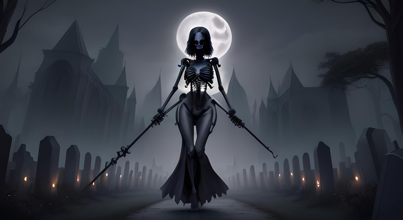 Undead Skeleton Empress in Graveyard at Night