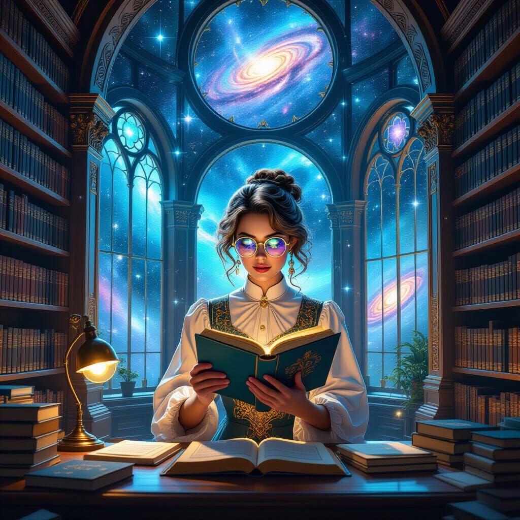 Cosmic Librarian Organizing Celestial Knowledge in Art Nouve...