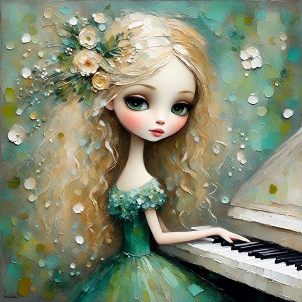 Whimsical Girl Playing Piano as Impasto Painting