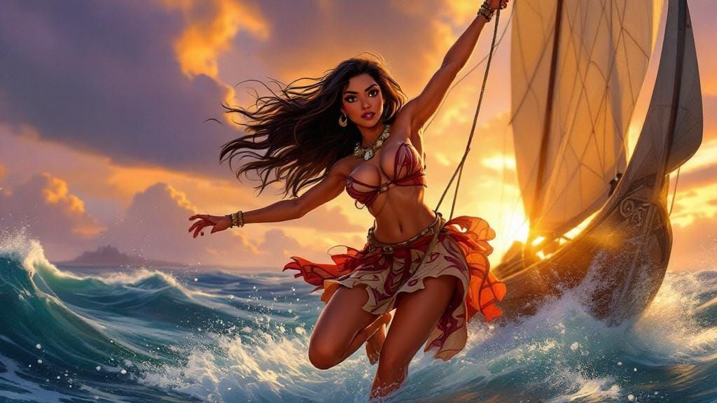 Adventurous Polynesian Woman on the Open Sea