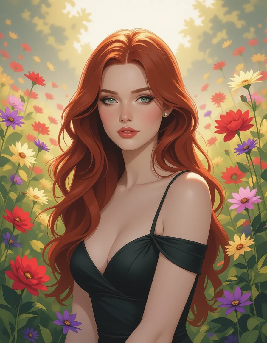 Red-Haired Woman in Garden, Dark Fantasy Art