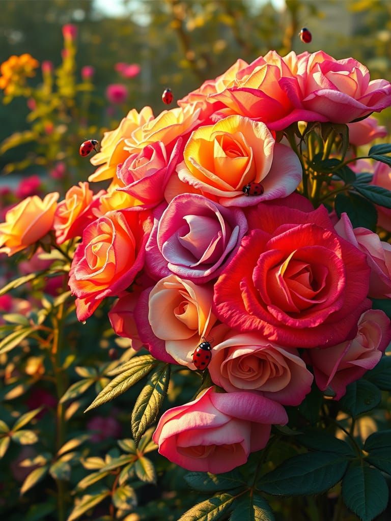 Rainbow Roses in Enchanted Garden at Golden Hour