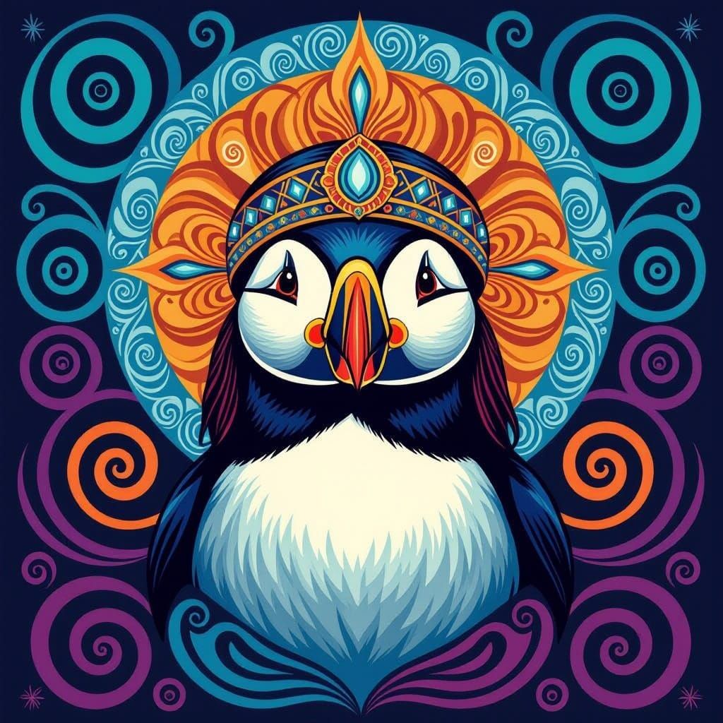 Psychedelic Puffin Bird in Vibrant Headdress
