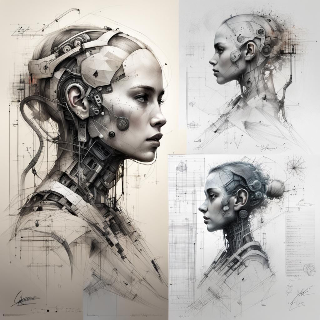 Technical Conte Drawing of Woman with Biomechanical Details