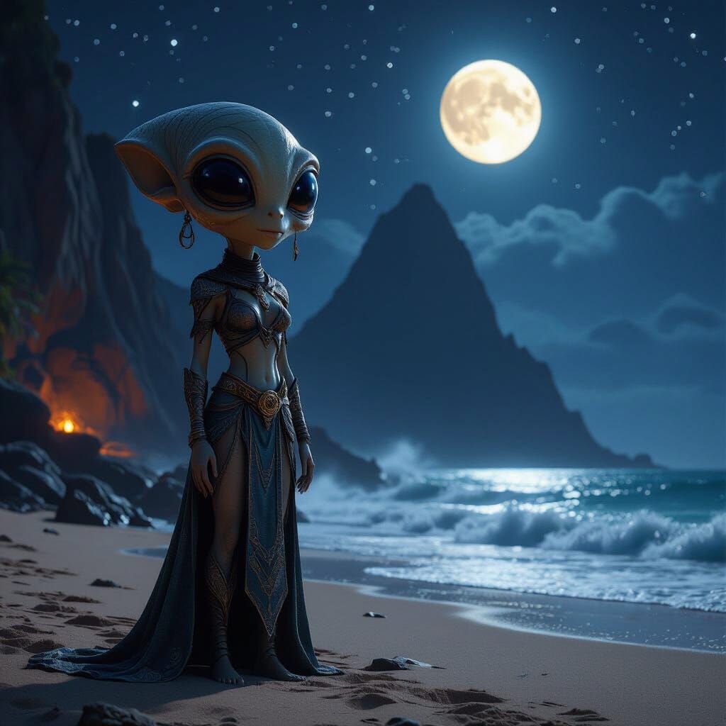 Lost Alien Warrior on Starry Beach in 3D Fantasy Style