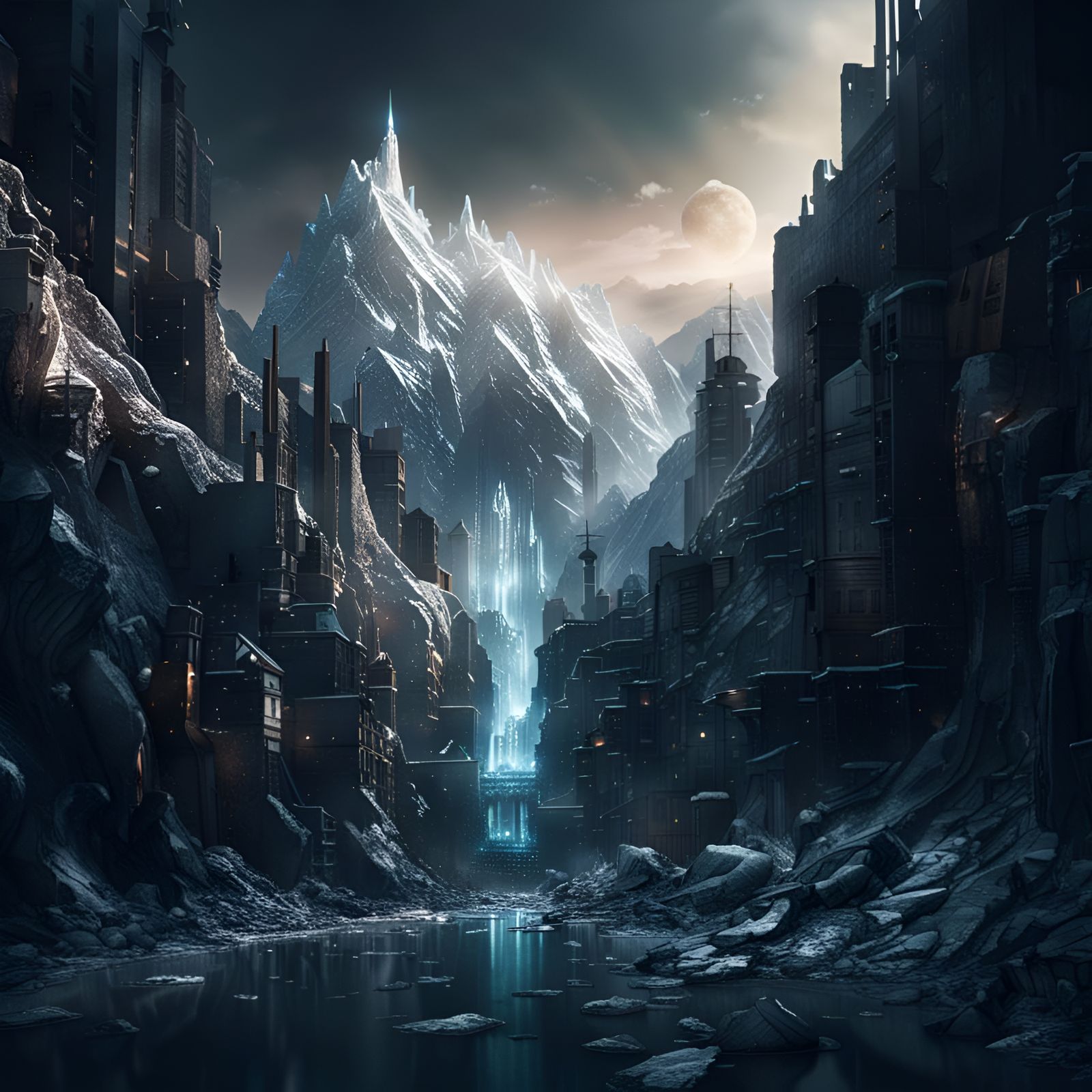 Intricate Cityscape Surrounding Mountain in Digital Art