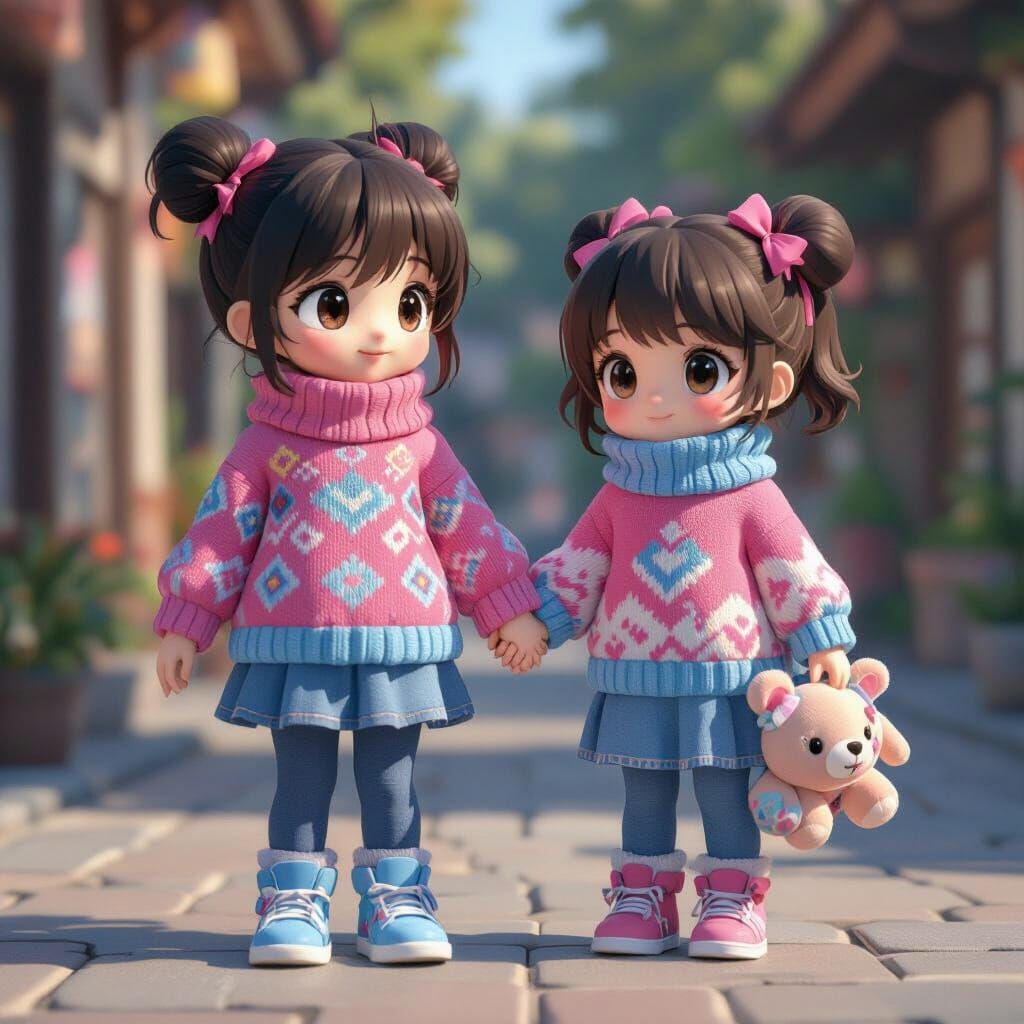 Girl Holding Mother's Hand: 3D Anime Style