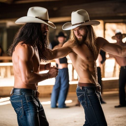 Cowboys Dancing Shirtless at a Hoedown: Professional Photogr...