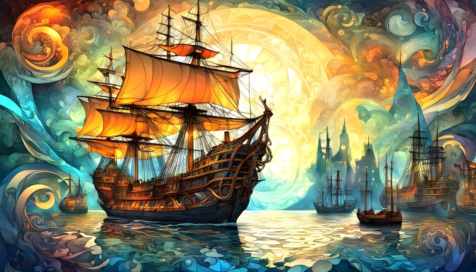 Fractal Energy Ships in Whimsical Embroidered Harbor Scene