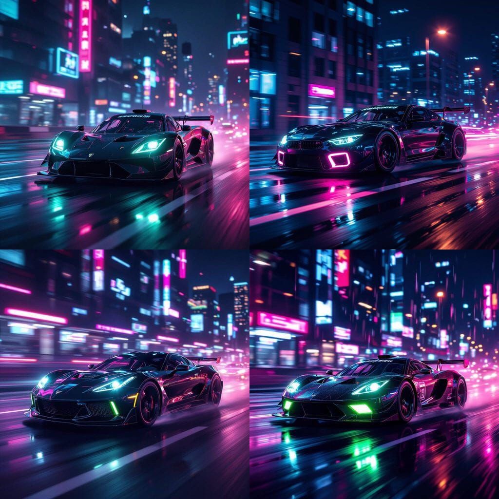 Black Race Car with Neon Headlights at Night