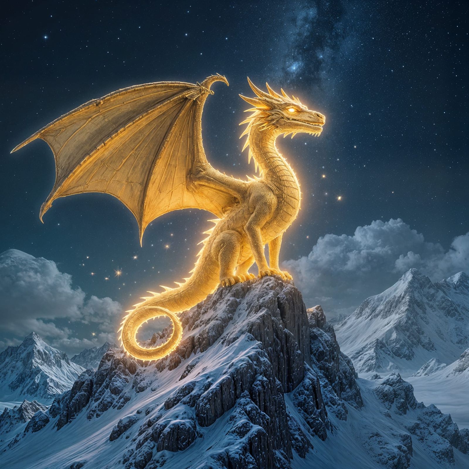 Golden Starlight Dragon on Snowy Mountain Peak