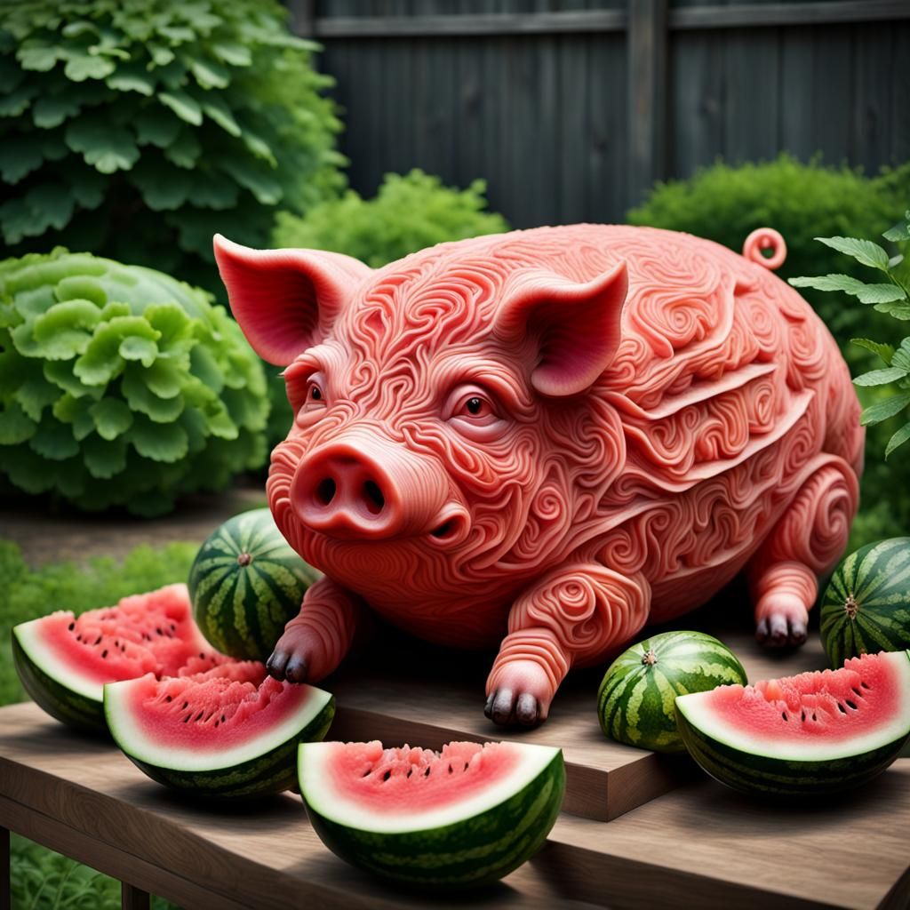 Hyperrealistic Watermelon Carving of a Pig in Garden