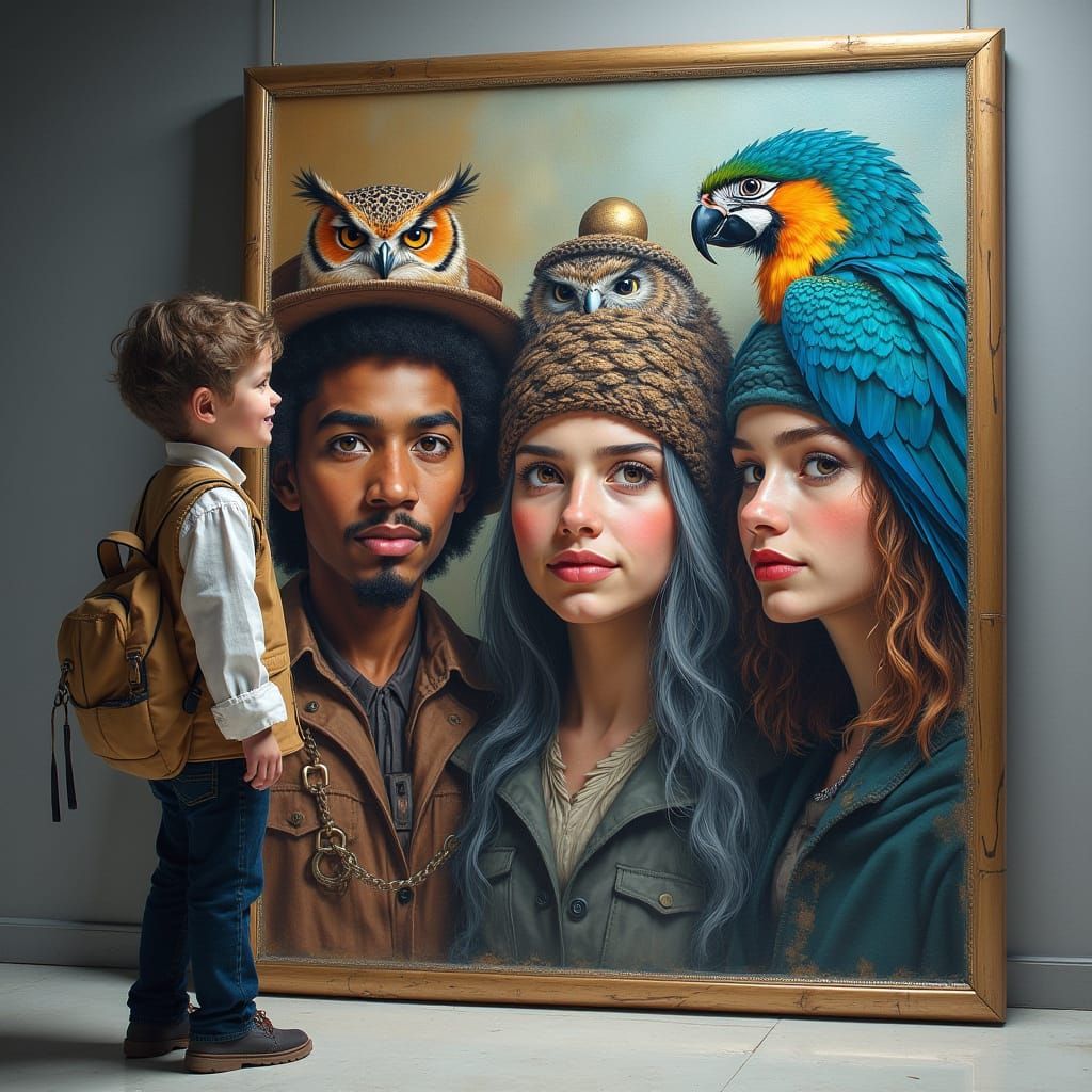 Boy Mesmerized by Dürer-Style Paintings with Diverse Faces