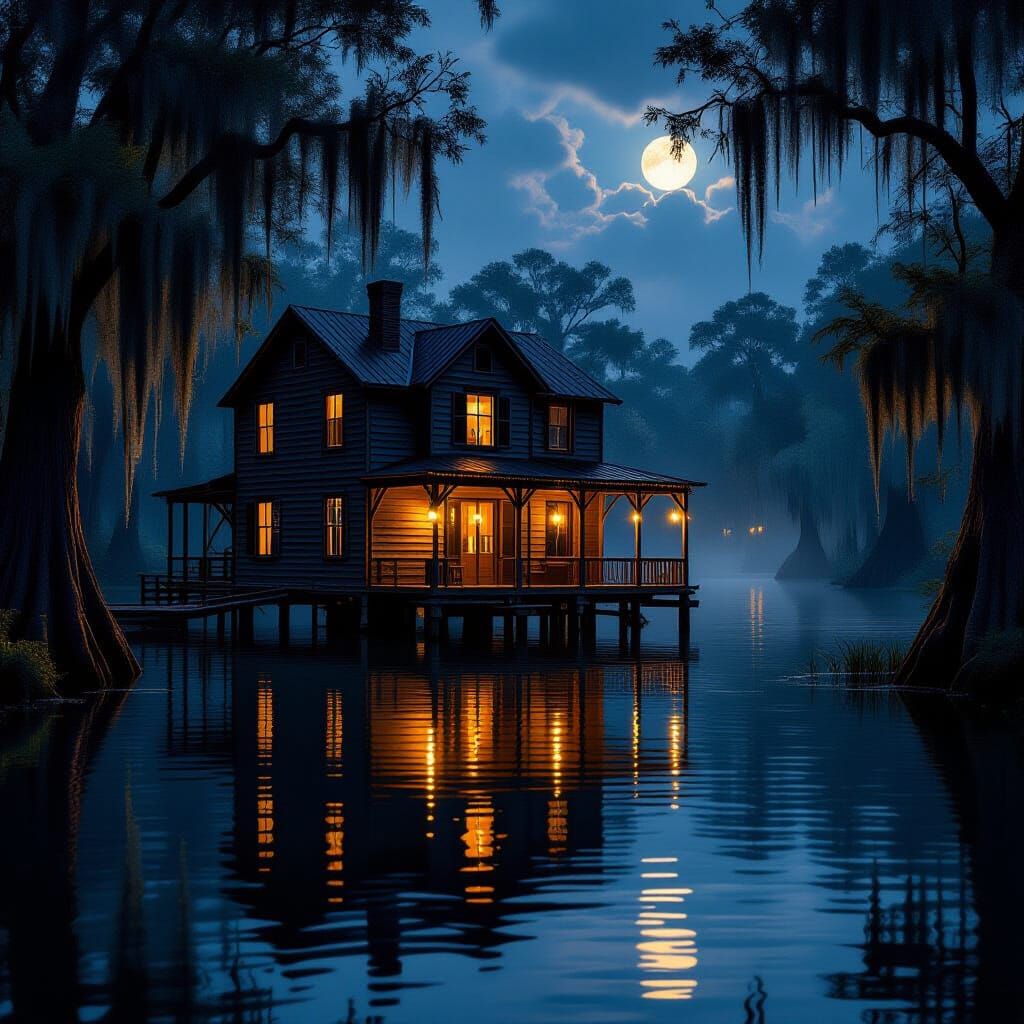 Mystical Bayou Night Scene in Hyperrealistic Style