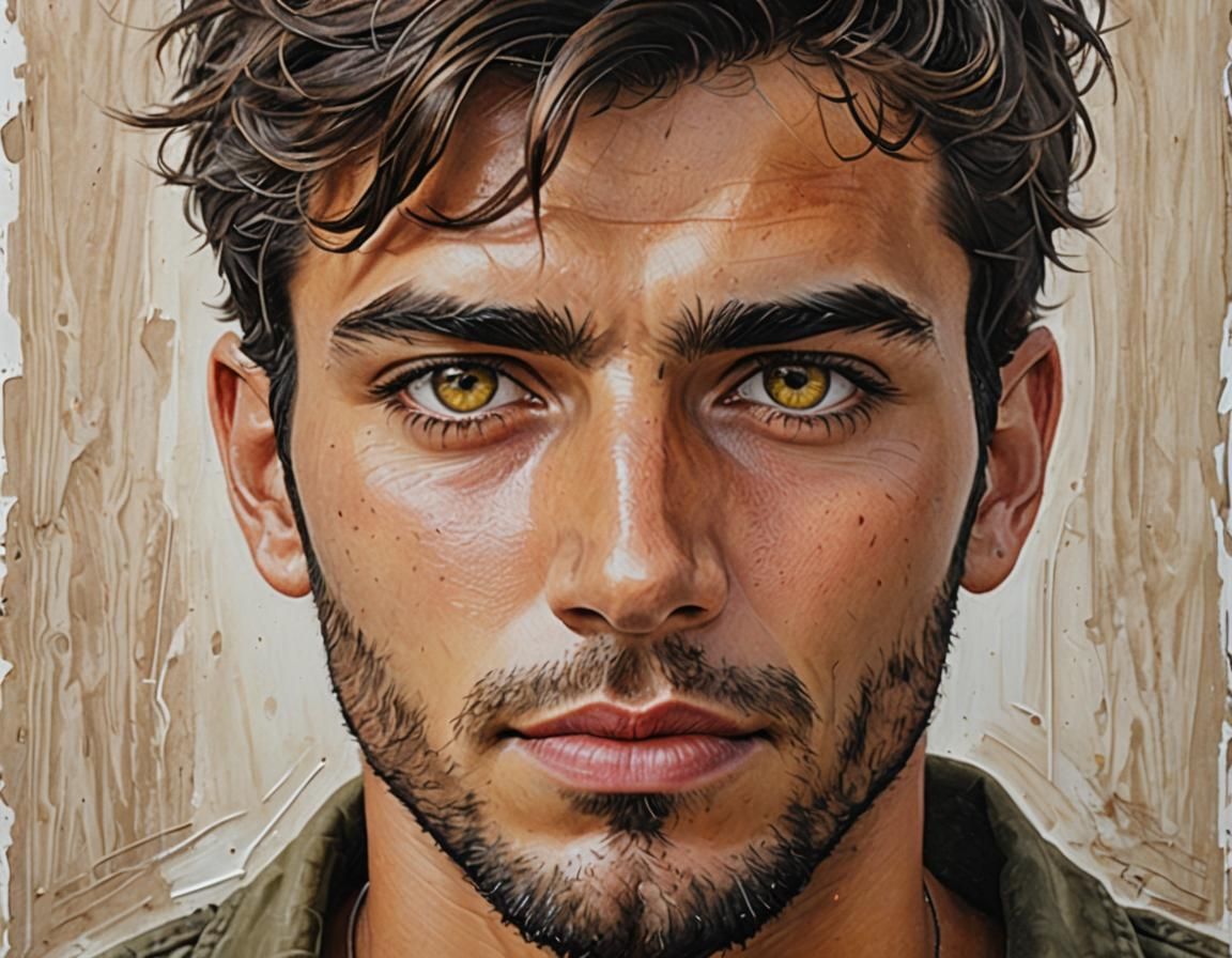 Handsome Man with Yellow-Brown Eyes, Acrylic Painting