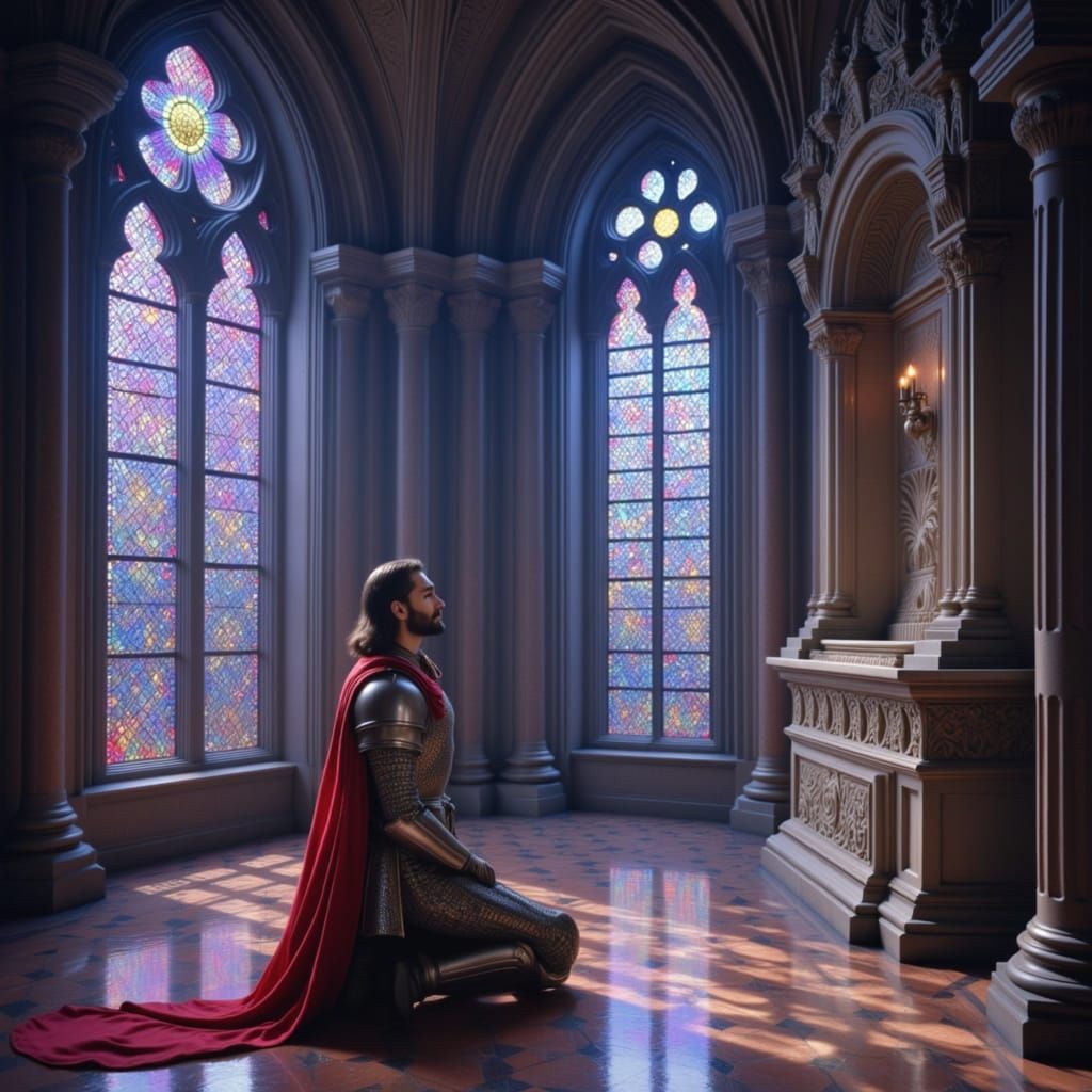 Knight Kneels Before Celestial Altar in Cosmic Digital Paint...