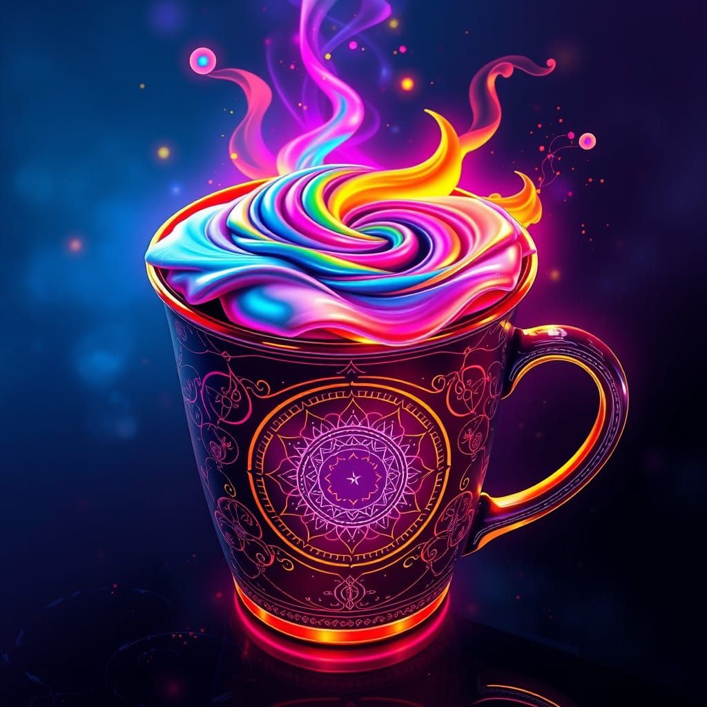 Glowing Coffee Cup with Iridescent Rainbow Foam and Mystical...