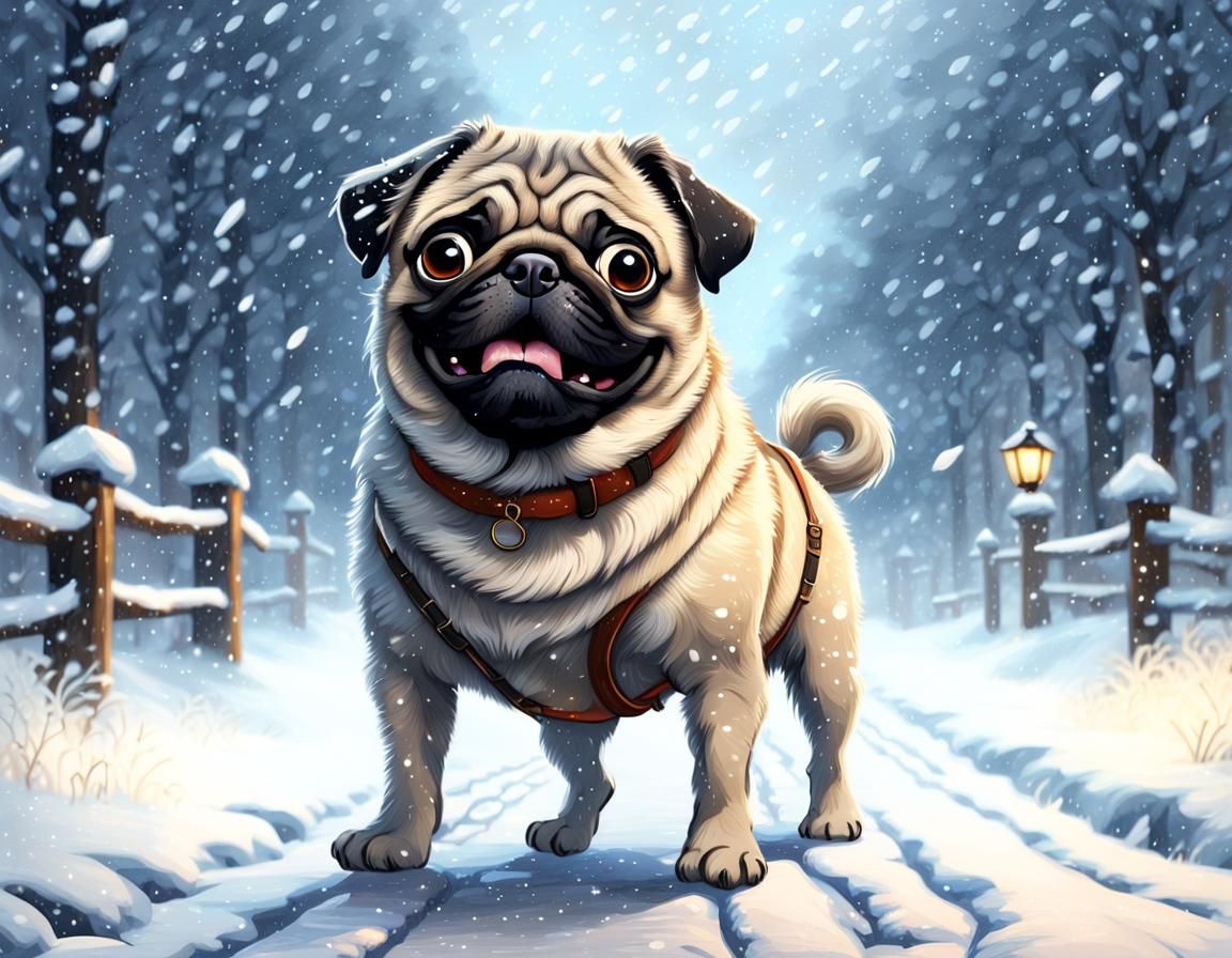 Vibrant Winter Landscape with Happy Pug in Full Color Style