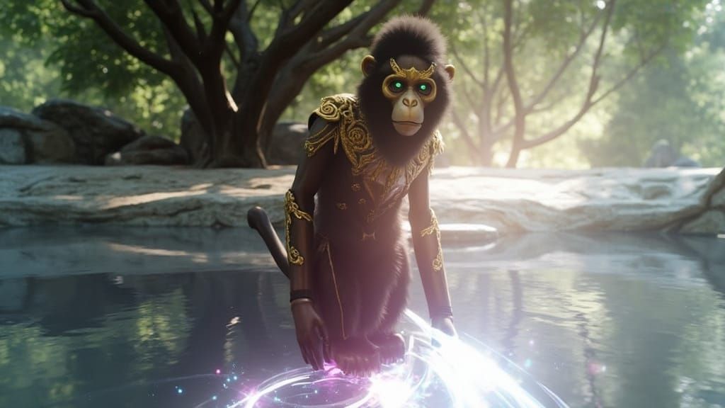 Majestic Monkey in Golden Armor, Amidst Ancient Tree and Vib...