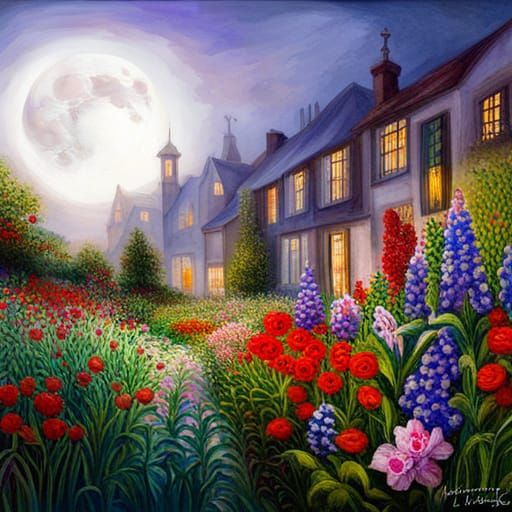 Foggy Garden with Colorful Flowers in Watercolor