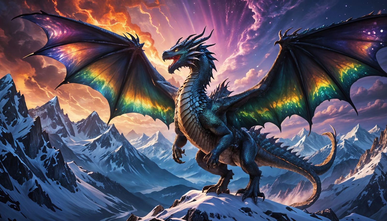 Dragon Soaring Above Mountains with Aurora Wings
