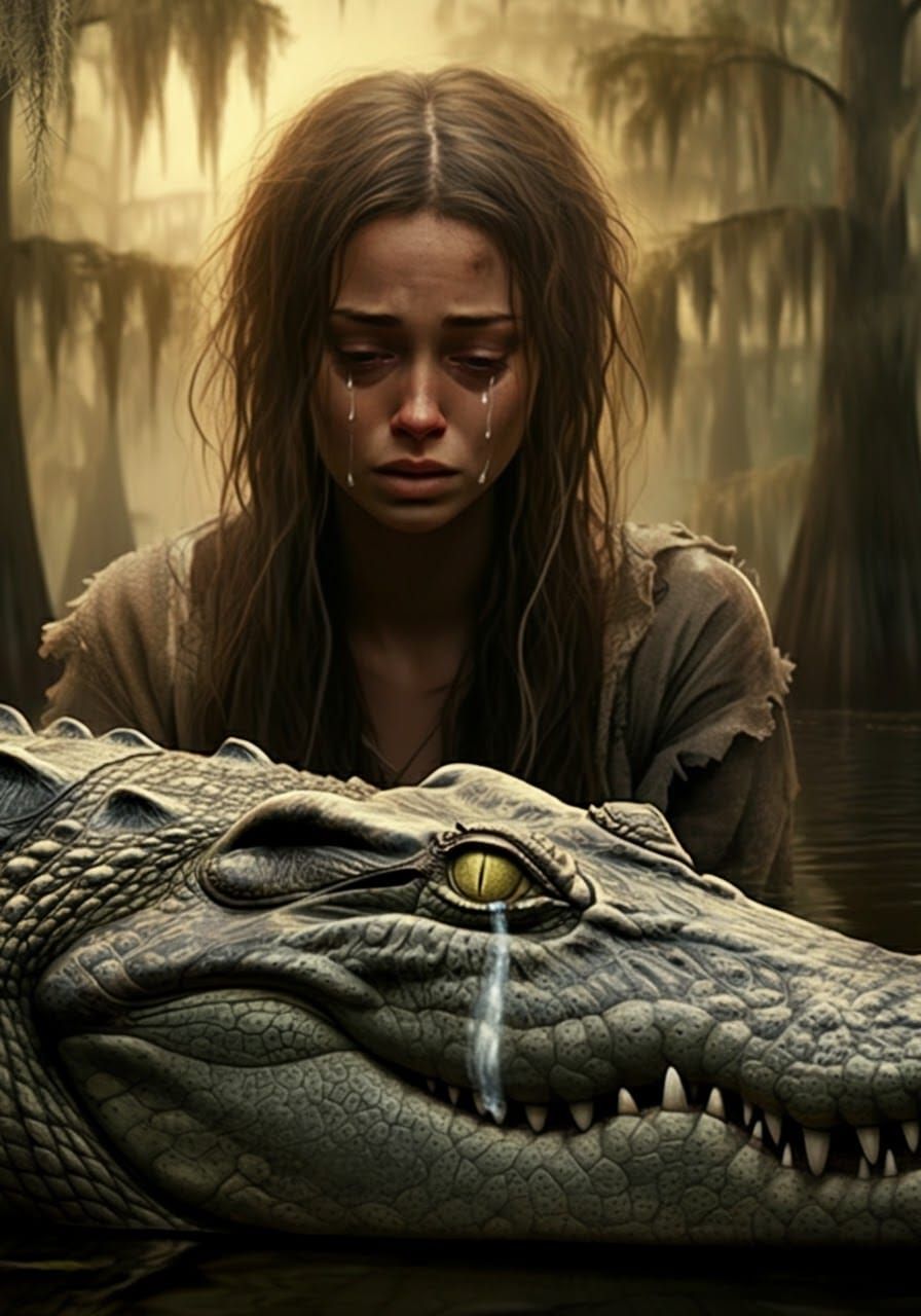 Woman and Crocodile Shedding Tears in Swamp