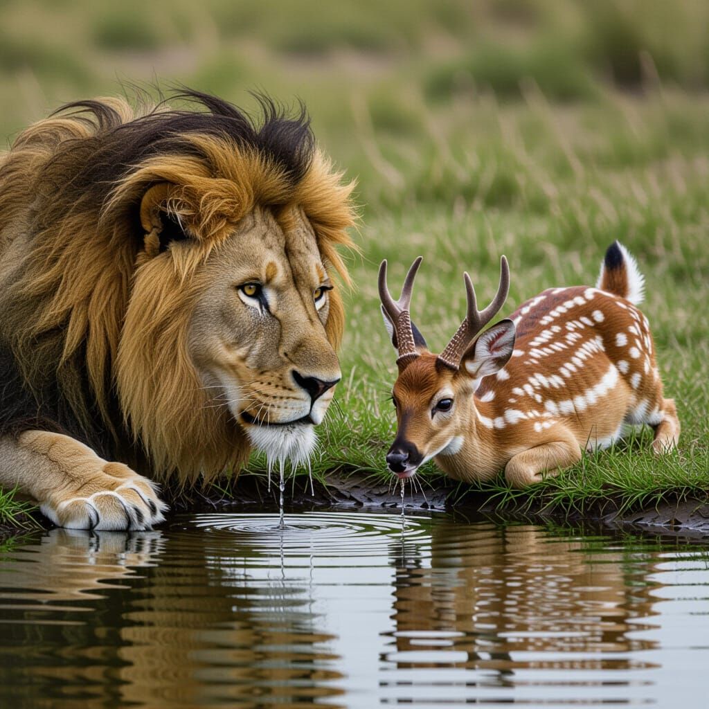 Lion and Deer Drink Together in Realistic Wildlife Portrait