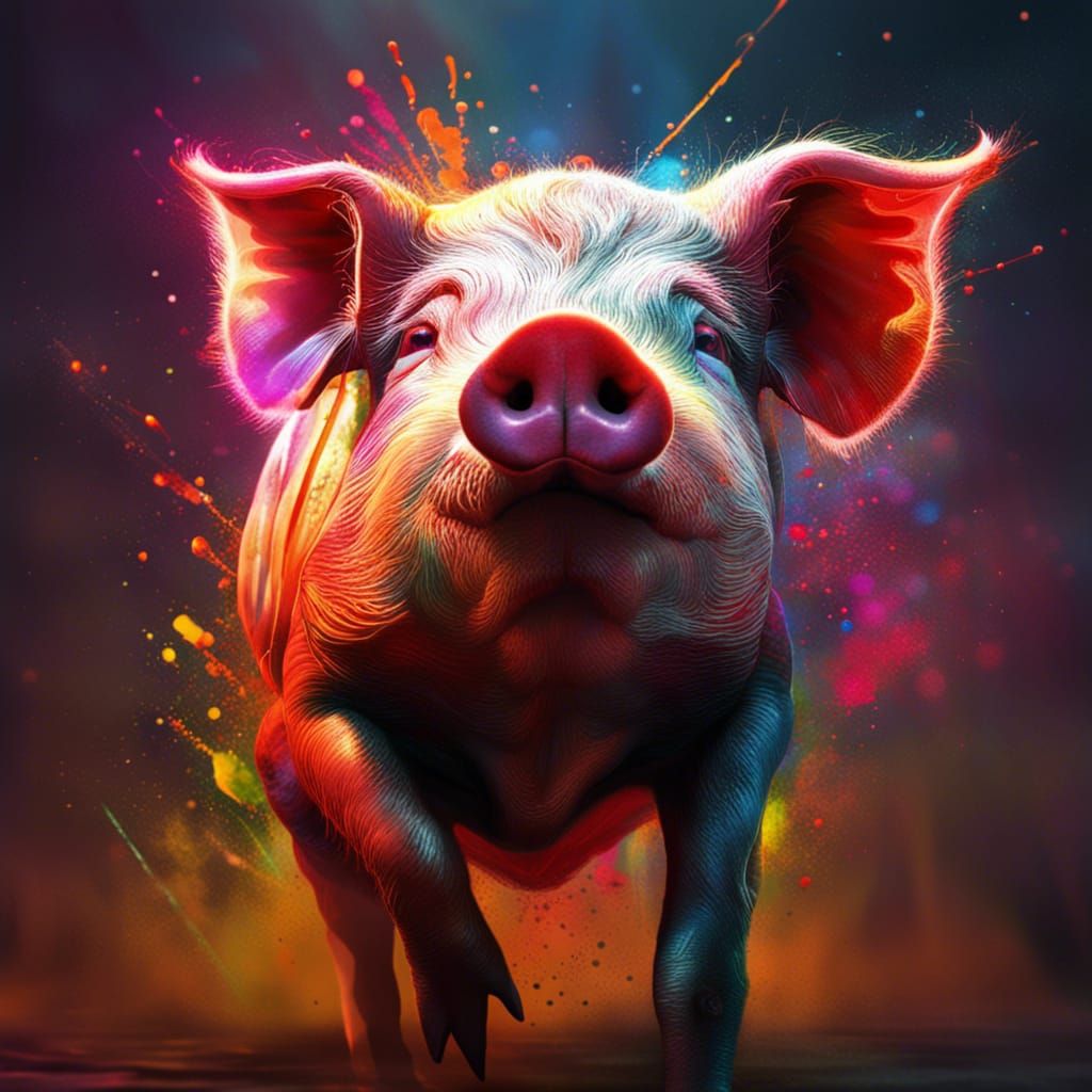 Hyperrealistic Pig in Colorful Splash Art Style