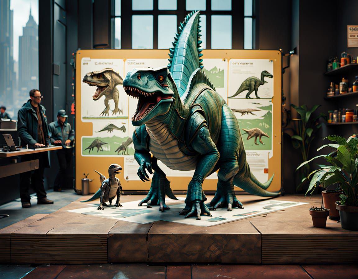 Cyber-Prehistoric Cityscape with Dinosaur Citizens in Cyberp...