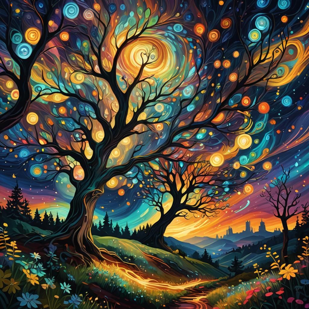 Mystical Tree in Swirling Vortex: Digital Art