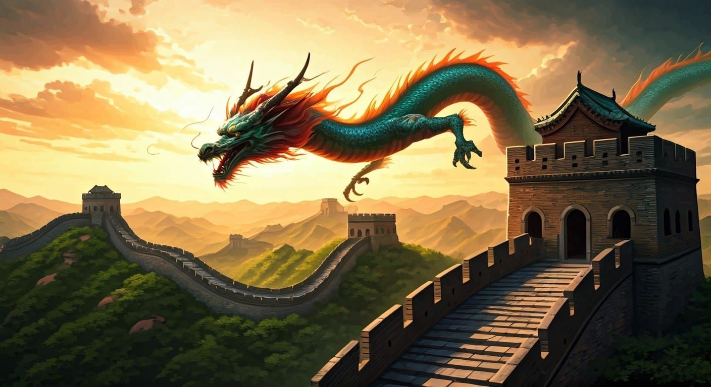 Majestic Chinese Dragon Soars Over Ancient Great Wall
