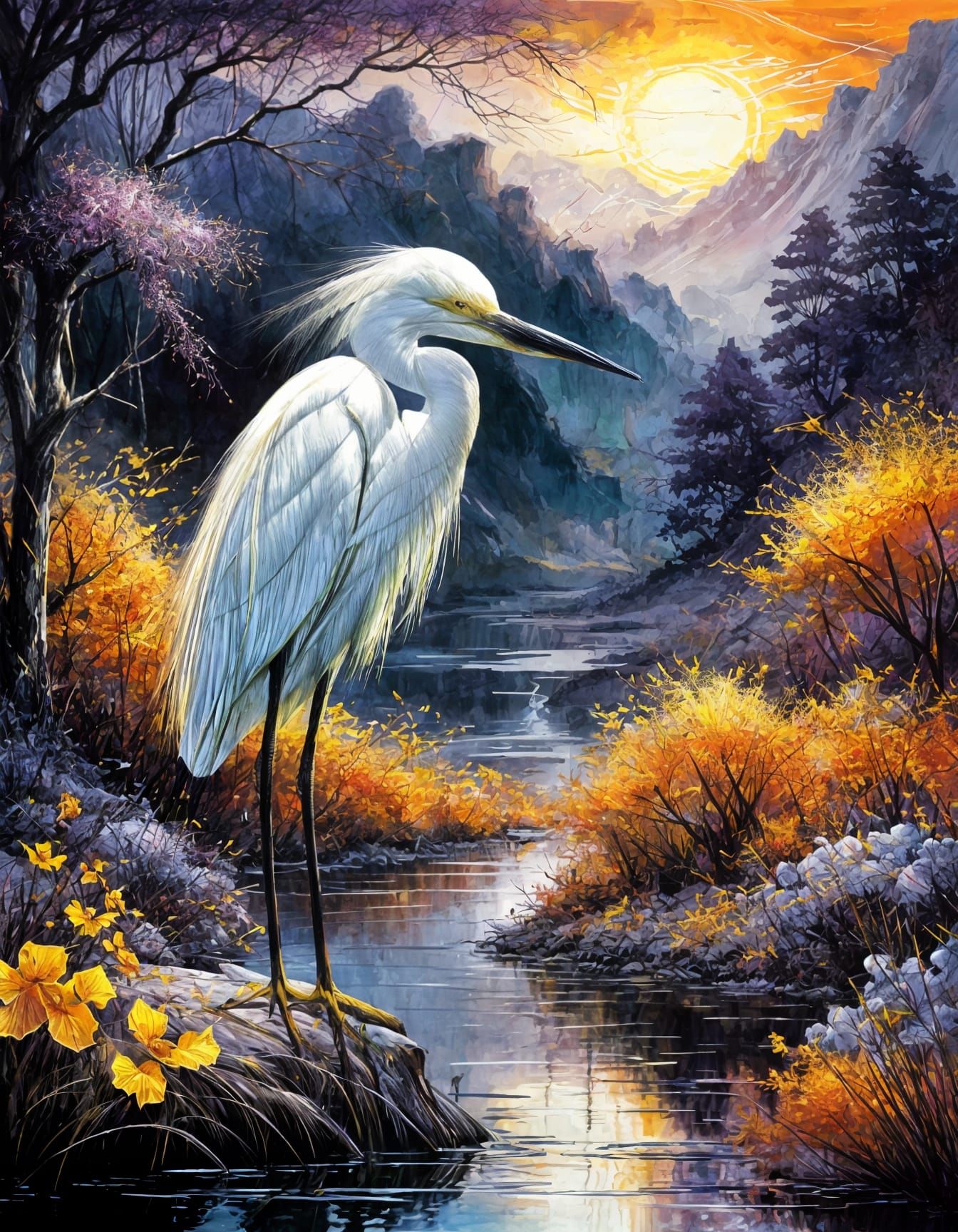 Snowy Egret in Fairy Spring Landscape