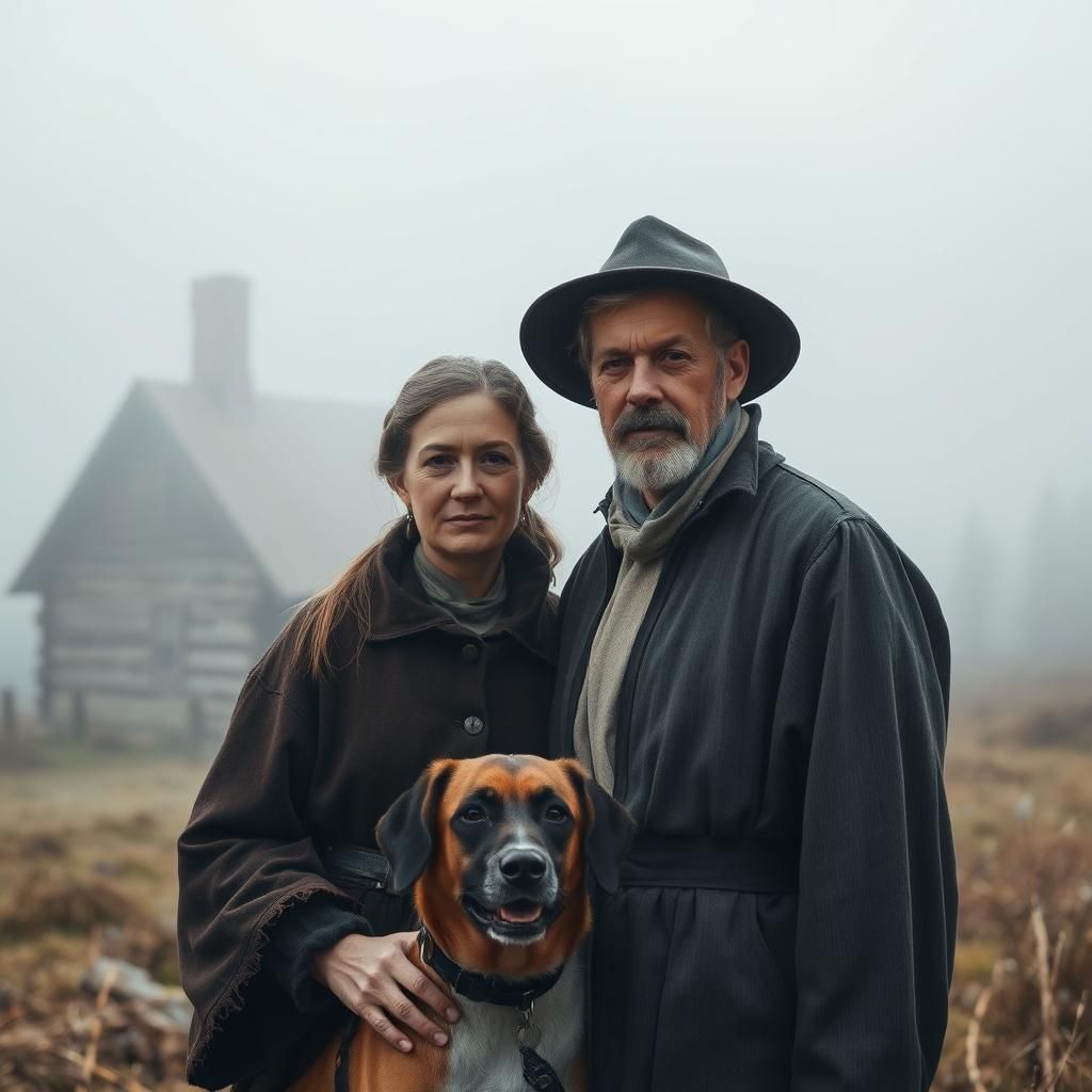 Misty Scene of Puritan Settlers in Watercolor Style