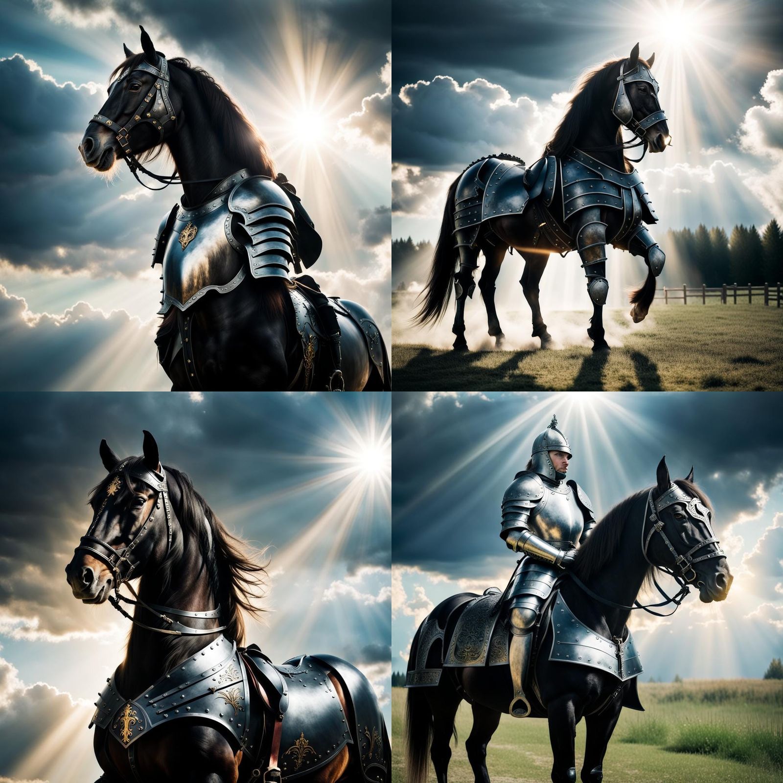 Horse in Black Medieval Armor with Divine Light
