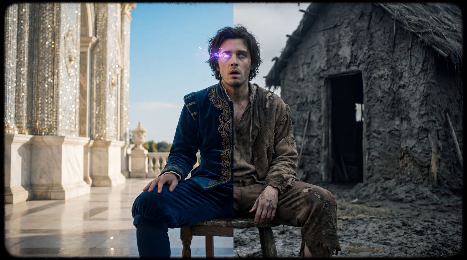 Man's Shocked Dual Reality Cinematic Film Still