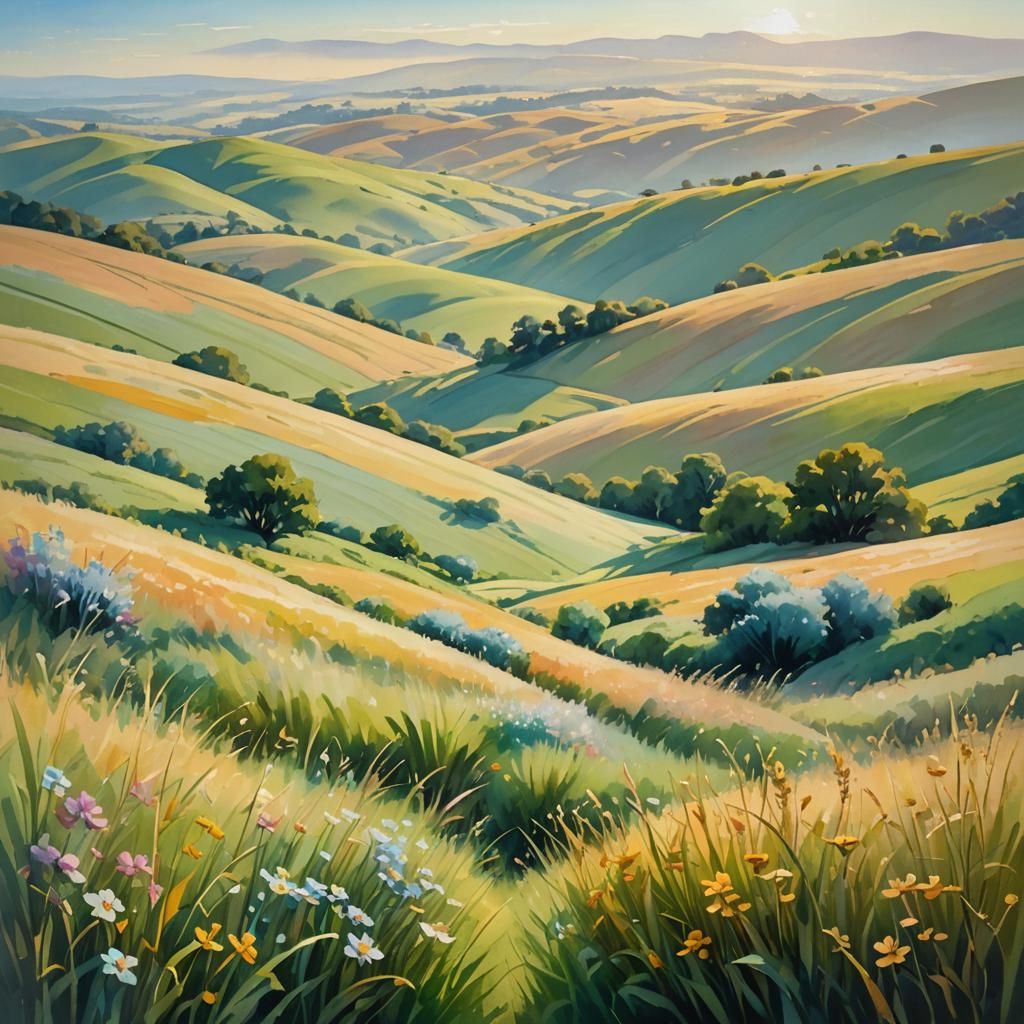 Impressionist Landscape with Pastel Flowers and Rolling Hill...