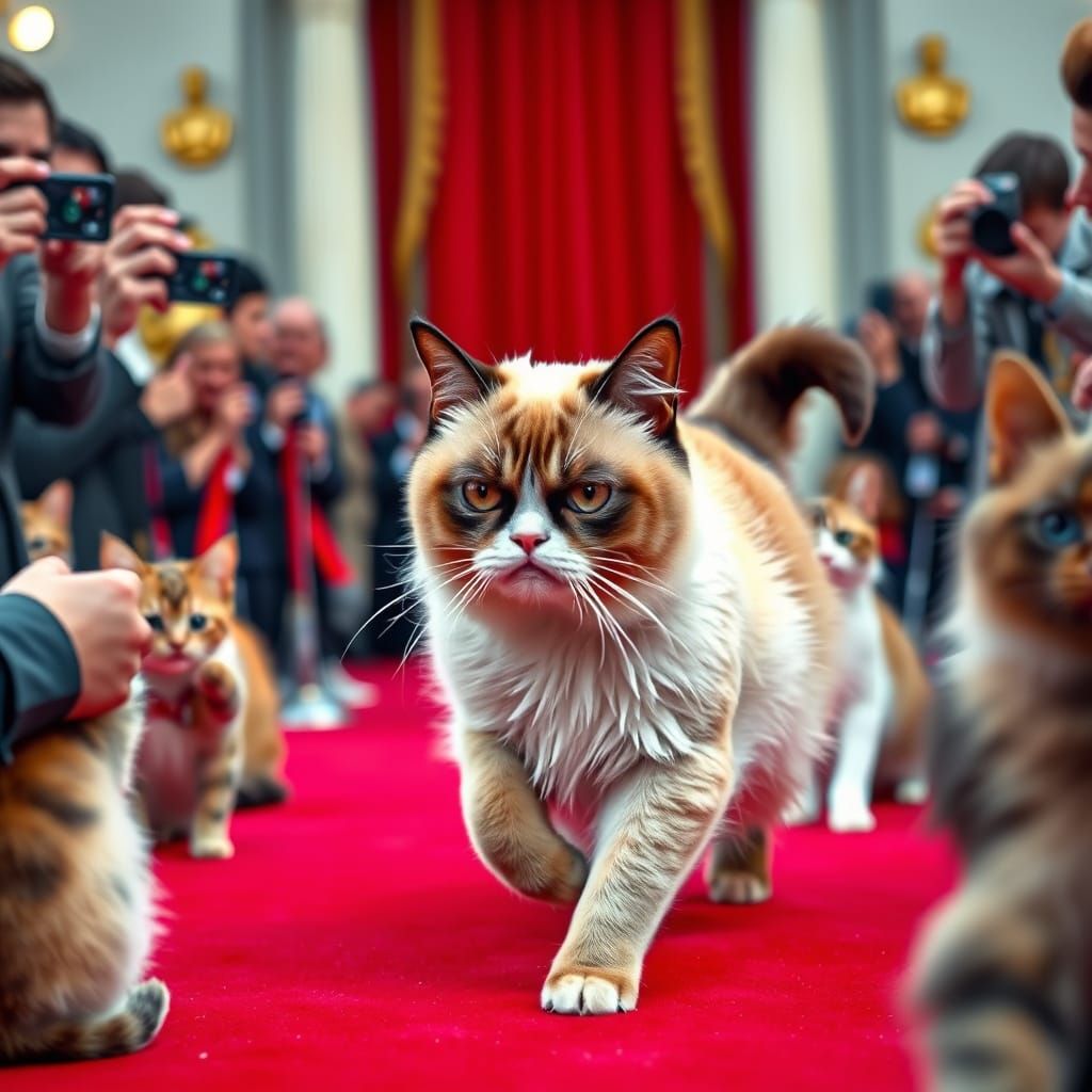 Grumpy Feline Struts Red Carpet as Happy Cats Snap Photos