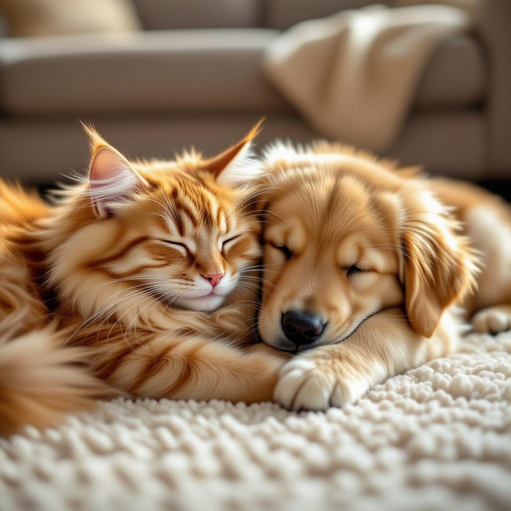 Adorable Cat Sleeps With Golden Retriever Puppy