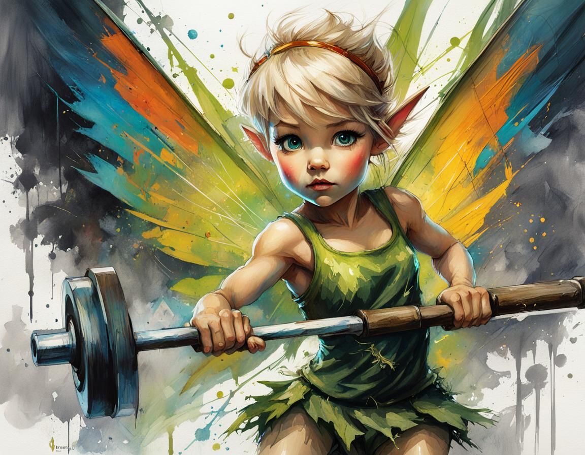 Badass Fairy Tinkerbell Lifting Barbell in Dark Fantasy