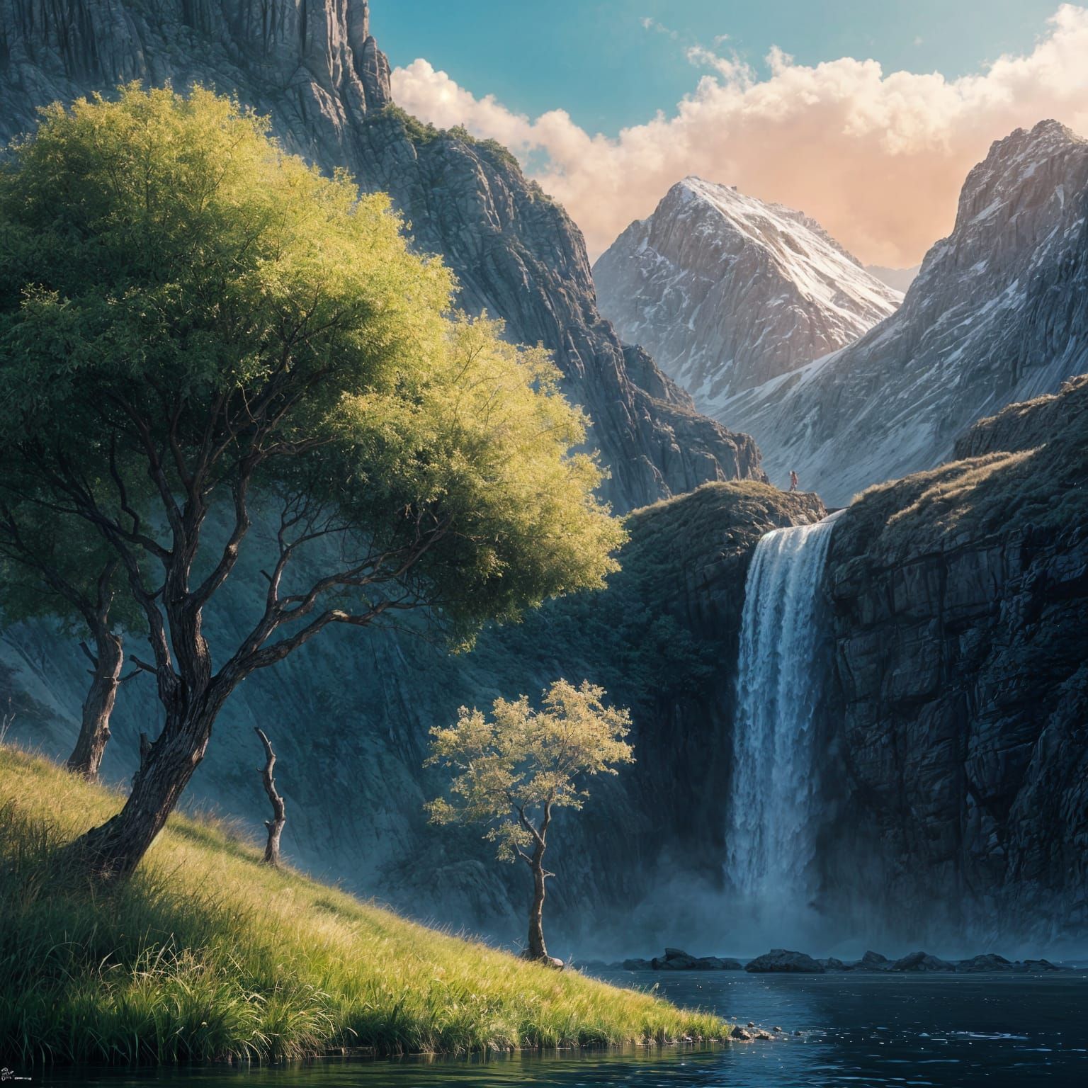 Hyperrealistic Jasmine Tree Blooms at Mountain Waterfall